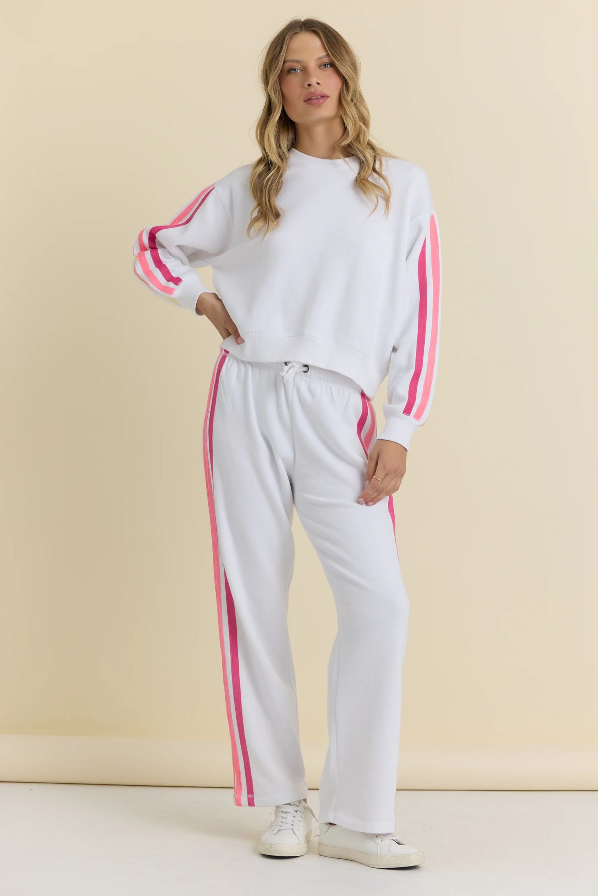 White w/neon stripe fleece wide leg pant-Vintage Havana VH14112