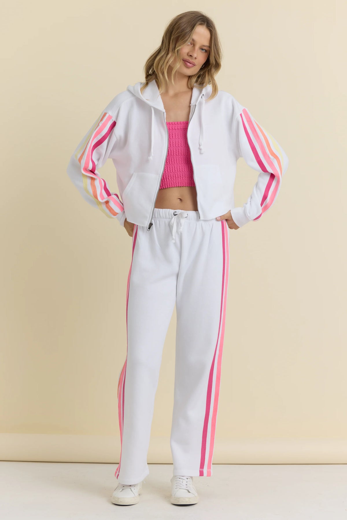 White w/neon stripe fleece zip-Vintage Havana VH14109