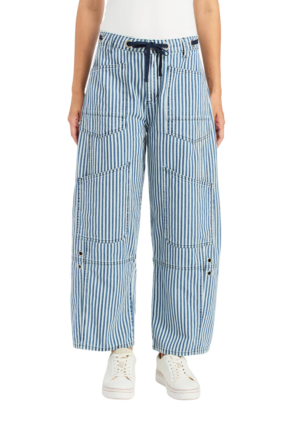 Grommet waist stripe crop pant blue stripe-Tractr 97045-RFGF