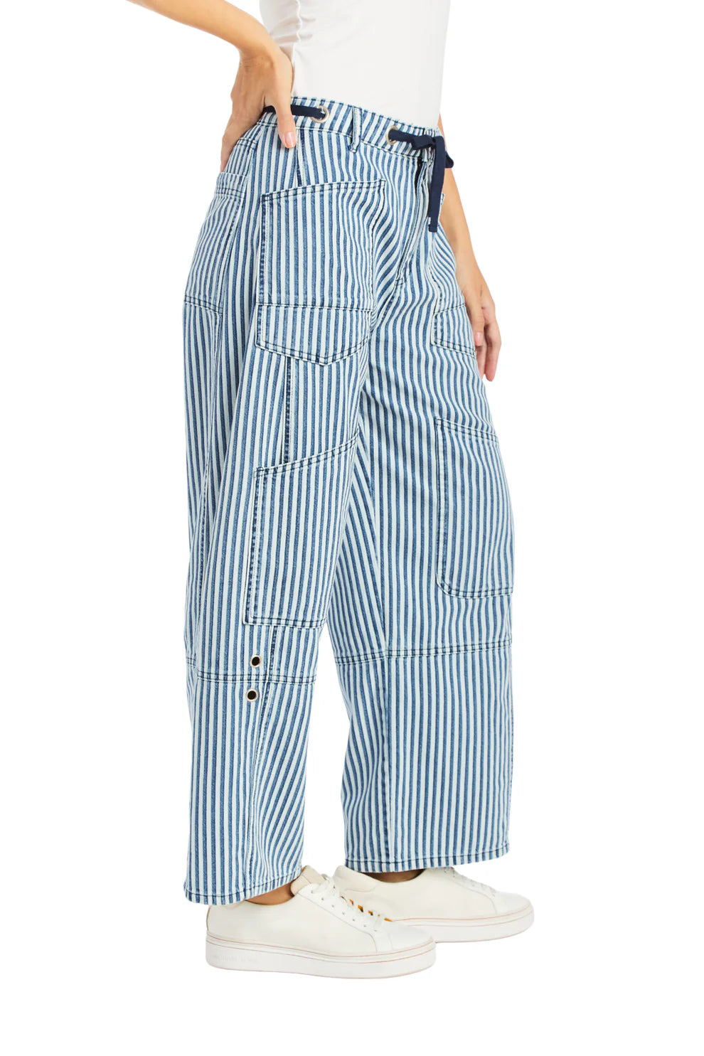 Grommet waist stripe crop pant blue stripe-Tractr 97045-RFGF