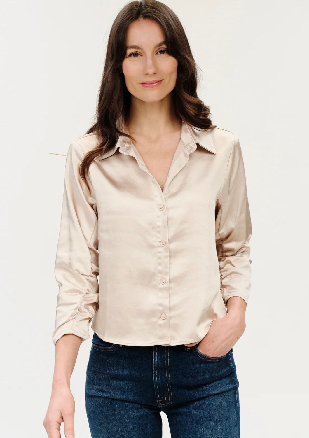 Dessi satin ruched slv shirt-Six Fifty Sf5653