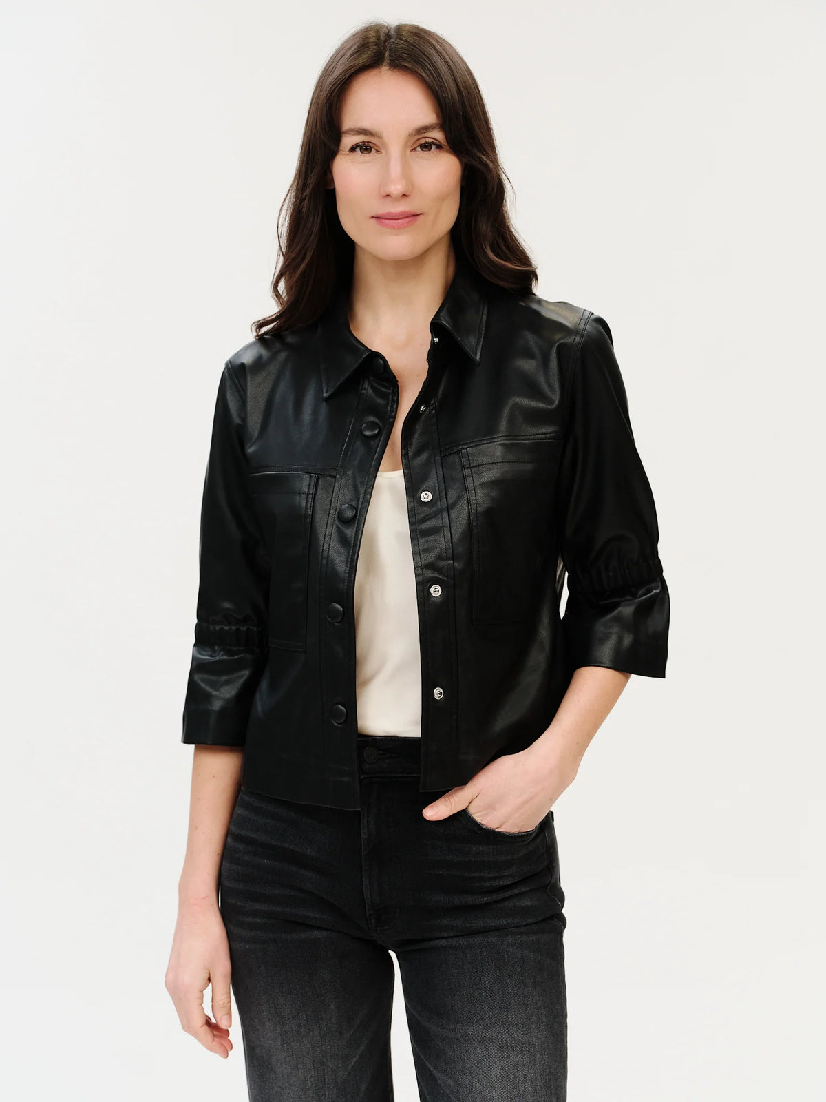 Romy faux leather 3/4 slv jacket-Six Fifty Sf7531