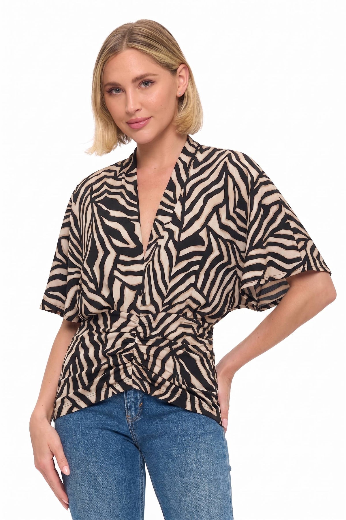 Ruched waist v neck print top-Ariella T1786-V1094