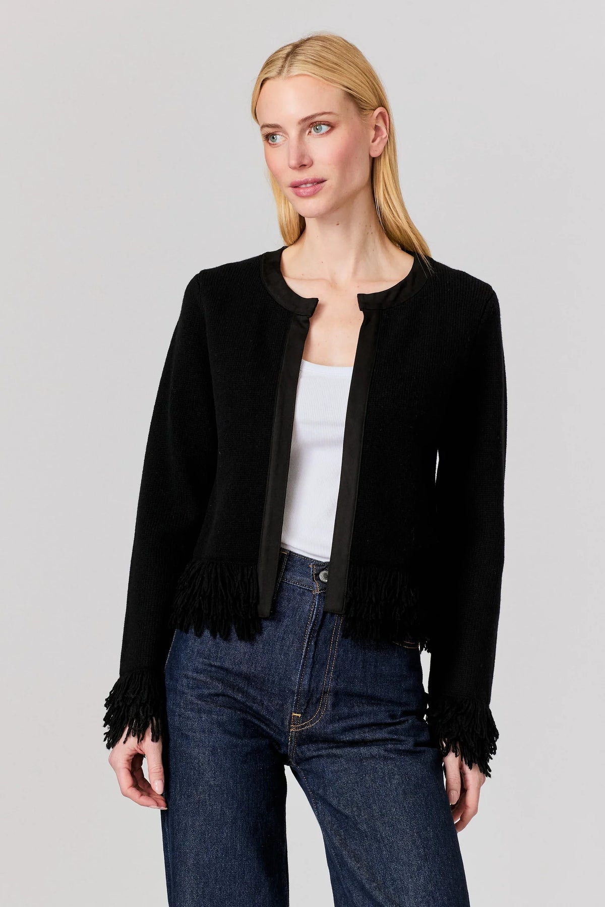 Sued fringe trim cardi-J Society 24000
