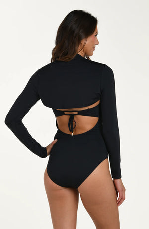 Island Goddess Long Sleeve Overlay Top in Black - La Blanca