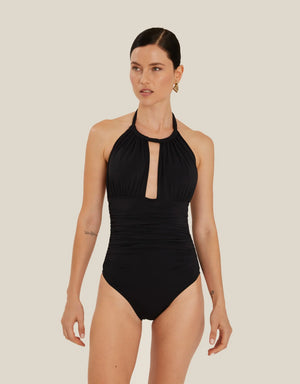 Ruched Halter One Piece Swimsuit Black - Lenny