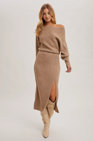 One shoulder slit midi knit sweater drs-Bluivy D02308