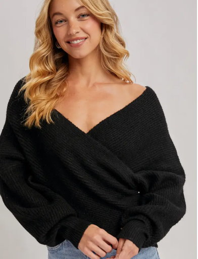Wrap crossover fuzzy sweater black-Bluivy W00810
