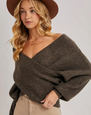 Wrap crossover fuzzy sweater Ash-Bluivy W00810