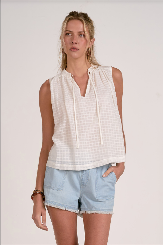 Box print sleelevess white blouse -Elan wg11460