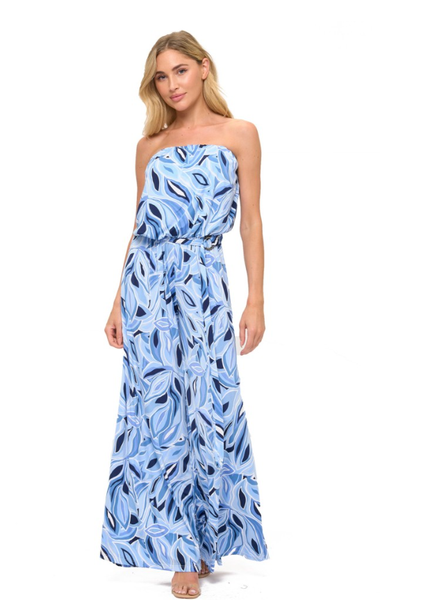 Strapless blue print jumpsuit-Ariella P592-V1021