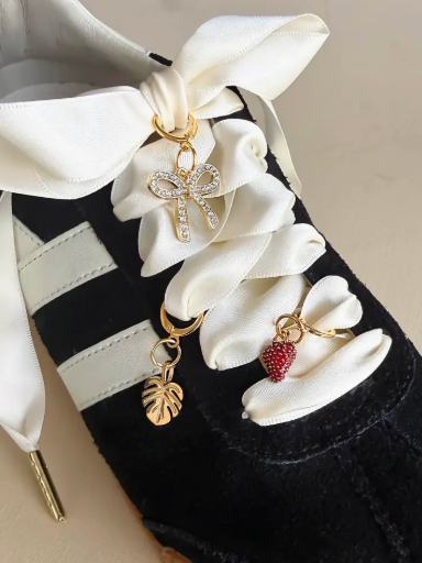 ivory satin shoe laces with strawberry charm set-Leo + Lee