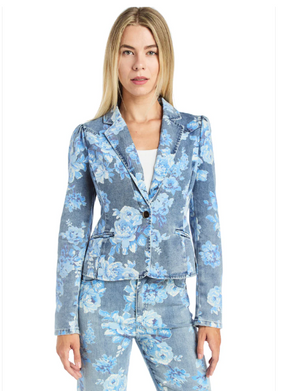 Floral print denim blazer-Tractr 95677-D7MB