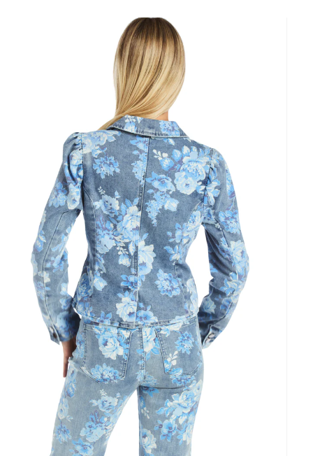 Floral print denim blazer-Tractr 95677-D7MB