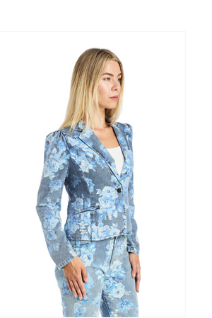 Floral print denim blazer-Tractr 95677-D7MB
