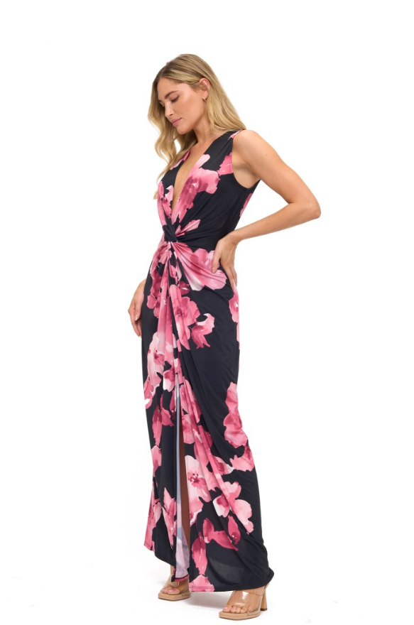 Plunge v neck floral dress-Ariella D643-v1049