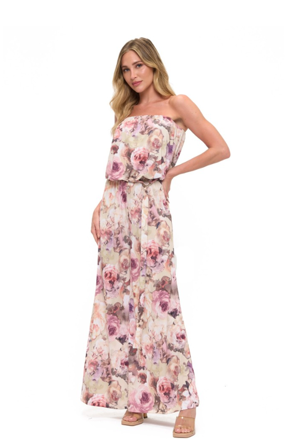 Strapless pink floral wide leg jumpsuit-ariella P592-v1069