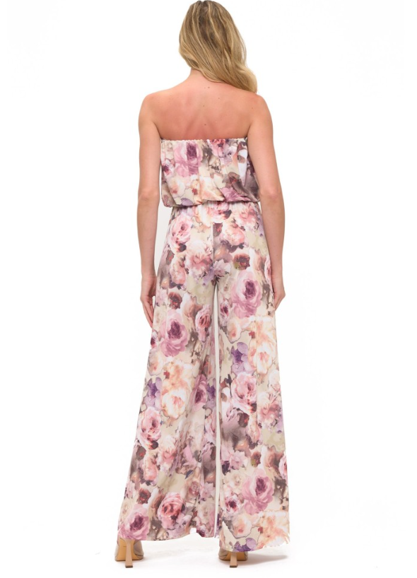 Strapless pink floral wide leg jumpsuit-ariella P592-v1069