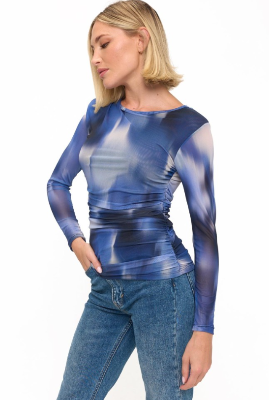 L/S ruched top in blue tones-Ariella T1766-P855