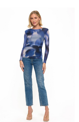 L/S ruched top in blue tones-Ariella T1766-P855