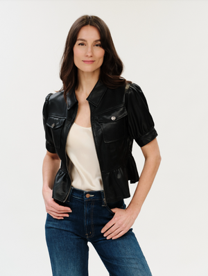 Oxford peplum 3/4 slv faux leather jkt-Six Fifty SF1177