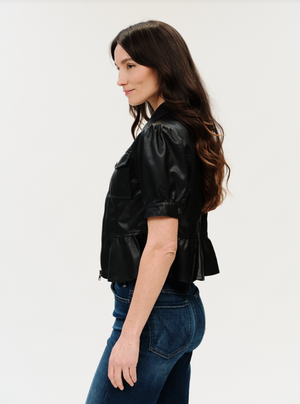 Oxford peplum 3/4 slv faux leather jkt-Six Fifty SF1177