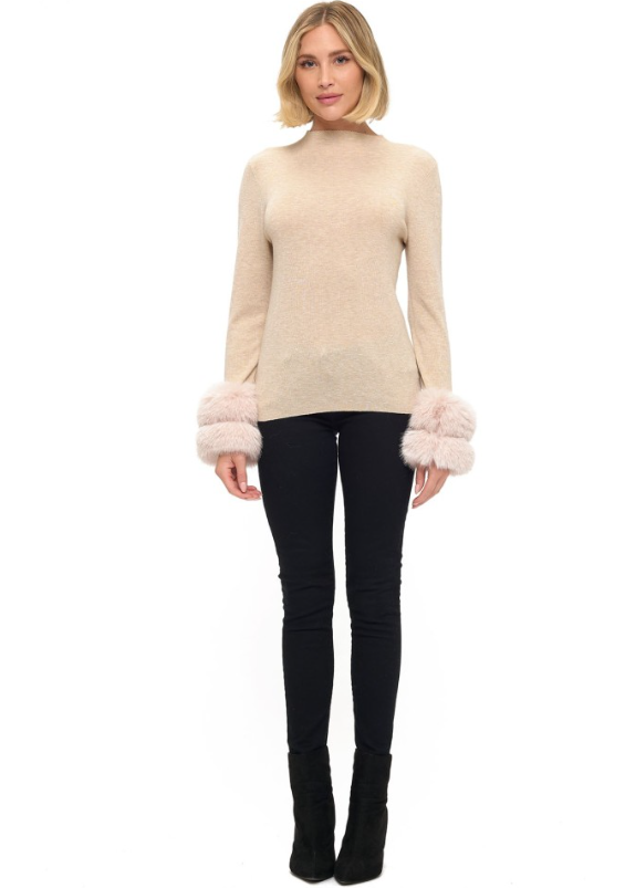 Removable faux fur cuff sweater-Ariella T1813