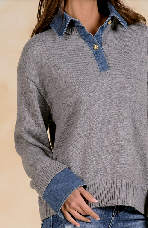 Denim collared sweater-Elan Sw11713