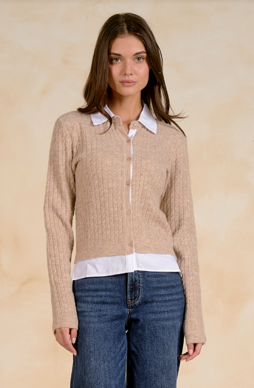 Cable cardigan with white collar & Cuff-Elan SWB11714