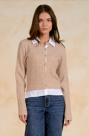 Cable cardigan with white collar & Cuff-Elan SWB11714