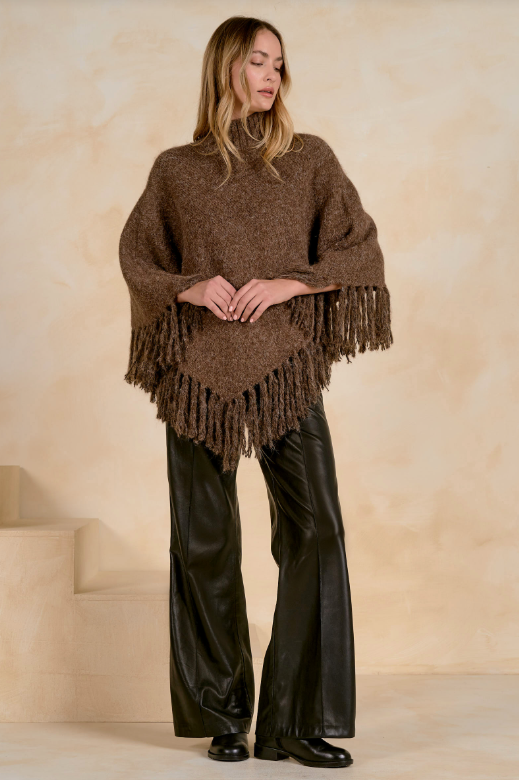 Fringed turtleneck poncho-Elan SWF11787