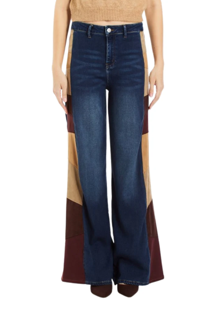 Suede panel wide leg jean-Tractr 93953