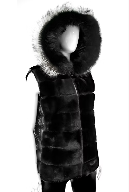 Metallic Vest w/Rabbit front & Fox fur on hood-Mitchie's VTMK12