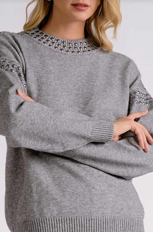 Rhinestone crewneck sweater-Elan SWR11766