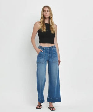 High Rise Double cuff wide jean- Vervet