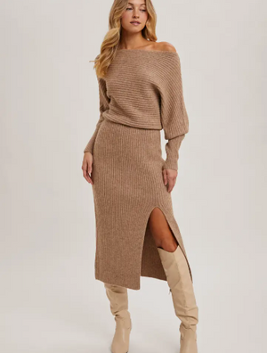 One shoulder slit midi knit sweater drs-Bluivy D02308