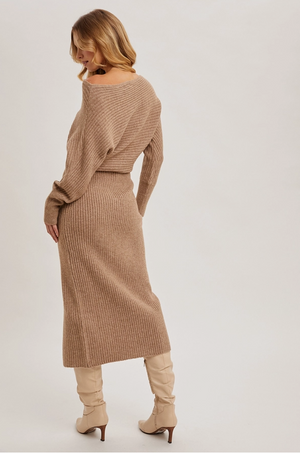 One shoulder slit midi knit sweater drs-Bluivy D02308