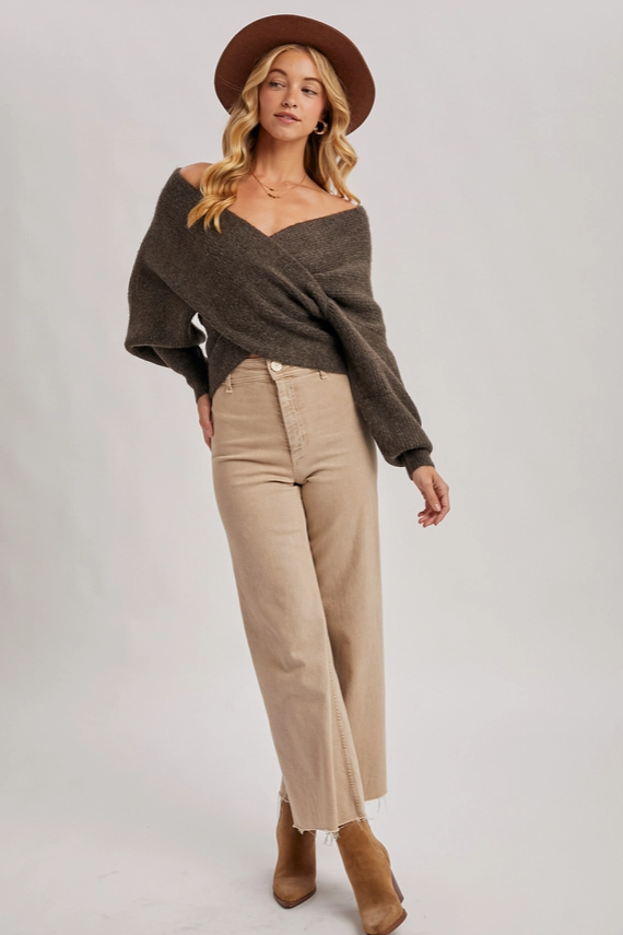 Wrap crossover fuzzy sweater Ash-Bluivy W00810