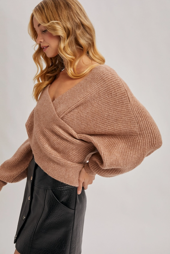 Wrap crossover fuzzy sweater latte-Bluivy W00810