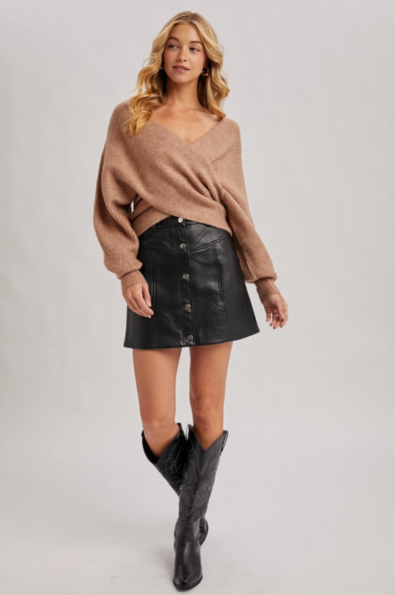 Wrap crossover fuzzy sweater latte-Bluivy W00810