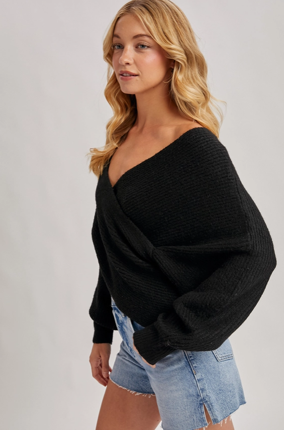 Wrap crossover fuzzy sweater black-Bluivy W00810