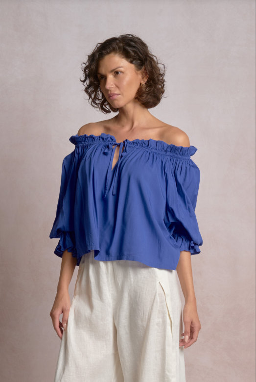 off shoulder sapphire blue shirt-Elan ry11572