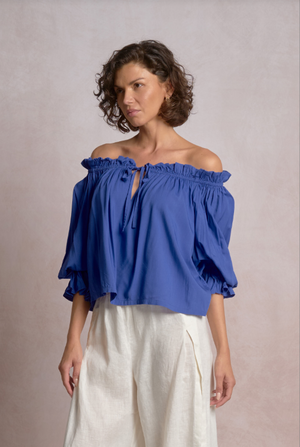 off shoulder sapphire blue shirt-Elan ry11572