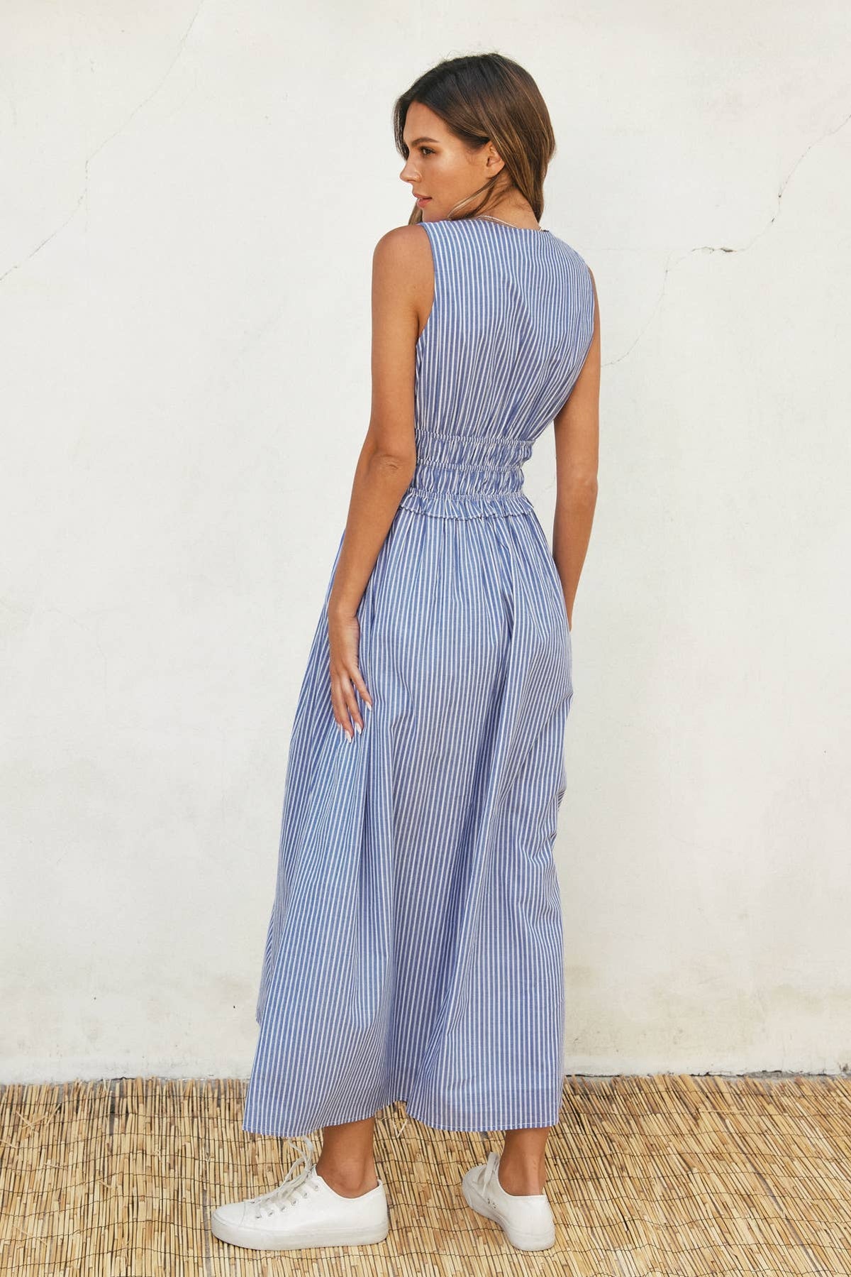 Stripe V Neck Shirred Waist Midi Dress-Dress Forum FD12374-P1936