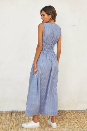 Stripe V Neck Shirred Waist Midi Dress-Dress Forum FD12374-P1936