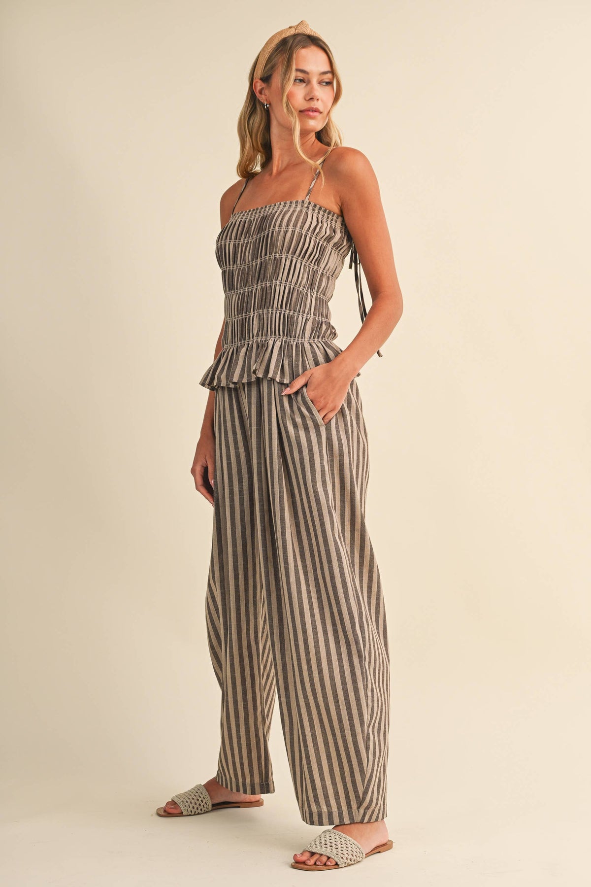 Striped Ruffle Hem Smocked Jumpsuit-Klesis - IJP3436