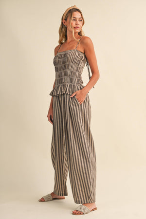 Striped Ruffle Hem Smocked Jumpsuit-Klesis - IJP3436