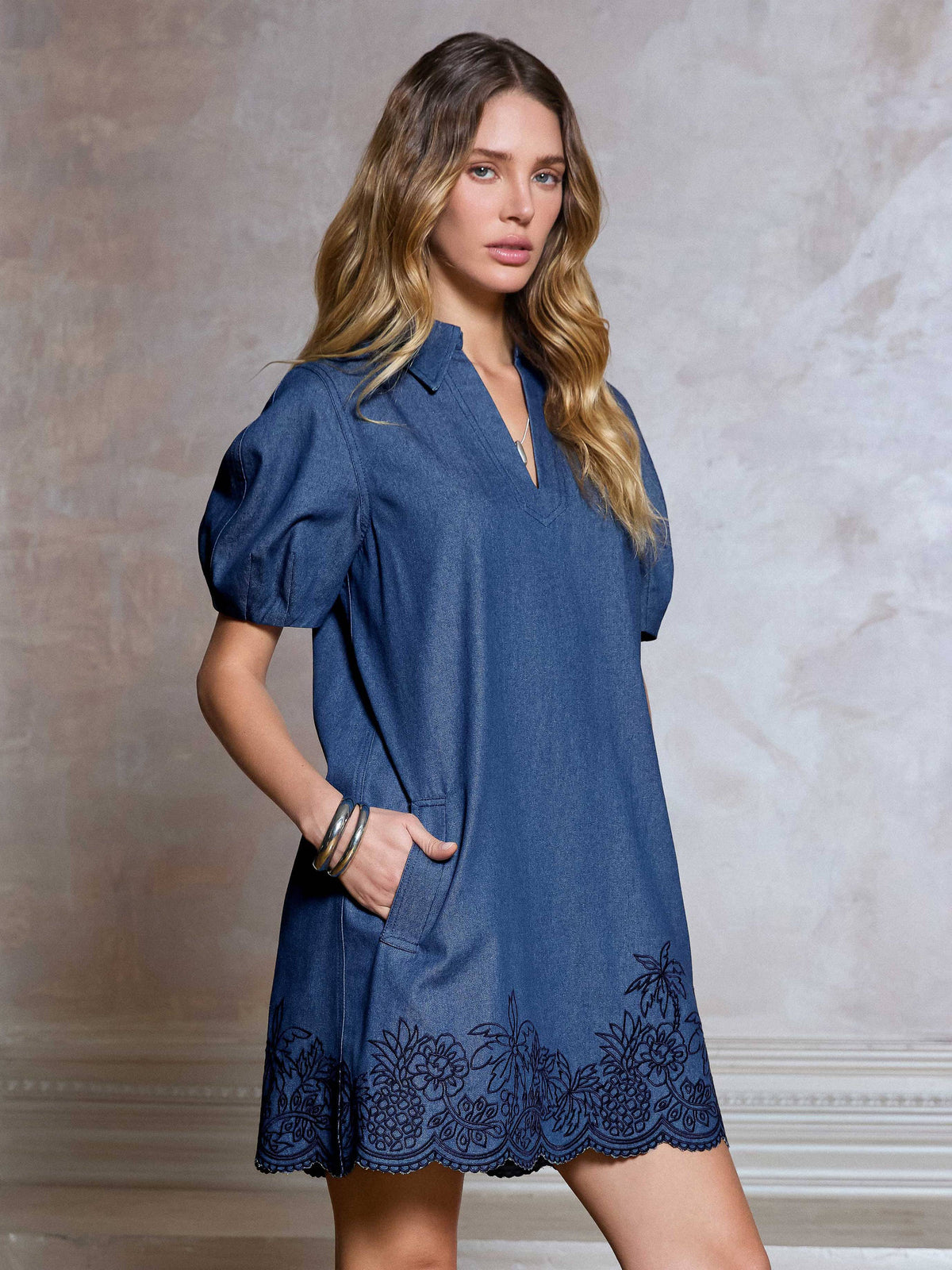 Denim Embroidered Shift Dress-Current Air XS / Denim