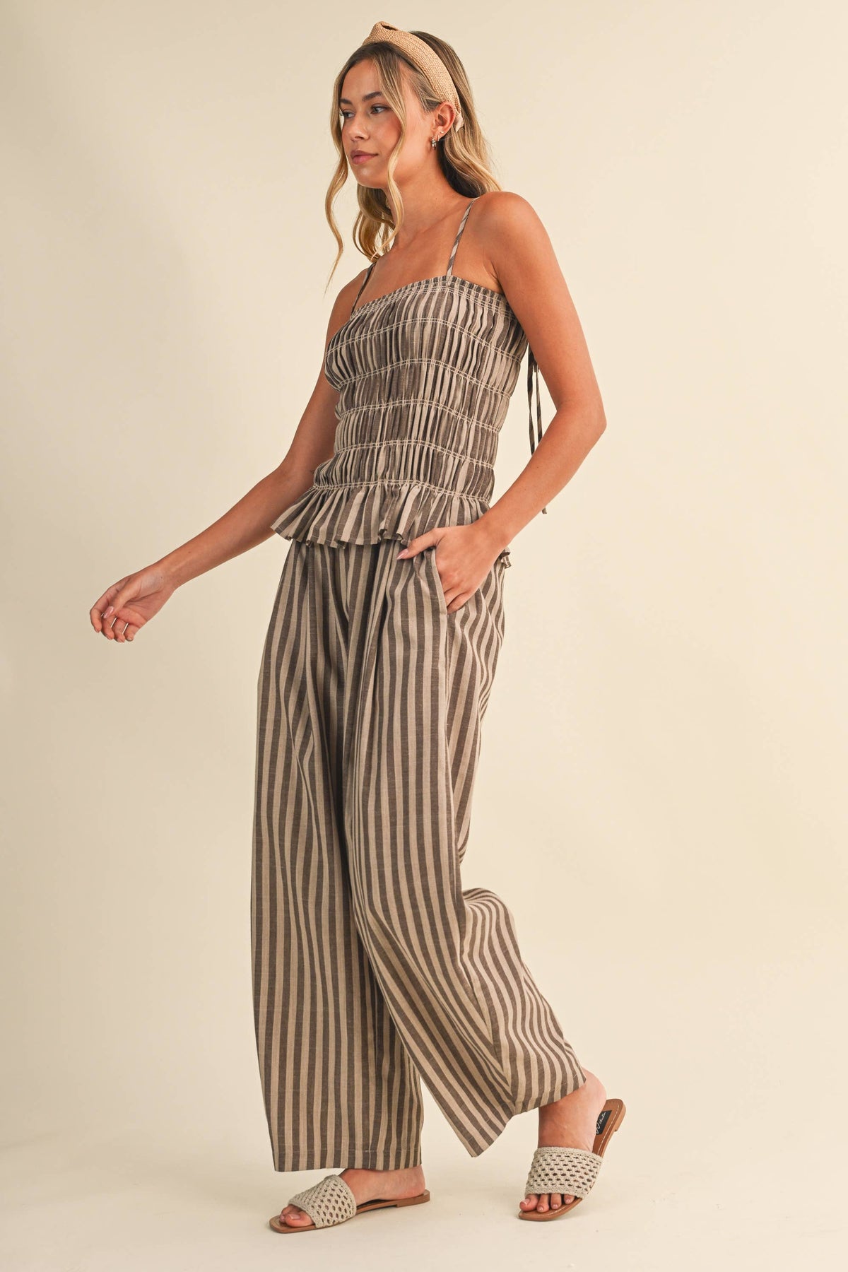 Striped Ruffle Hem Smocked Jumpsuit-Klesis - IJP3436