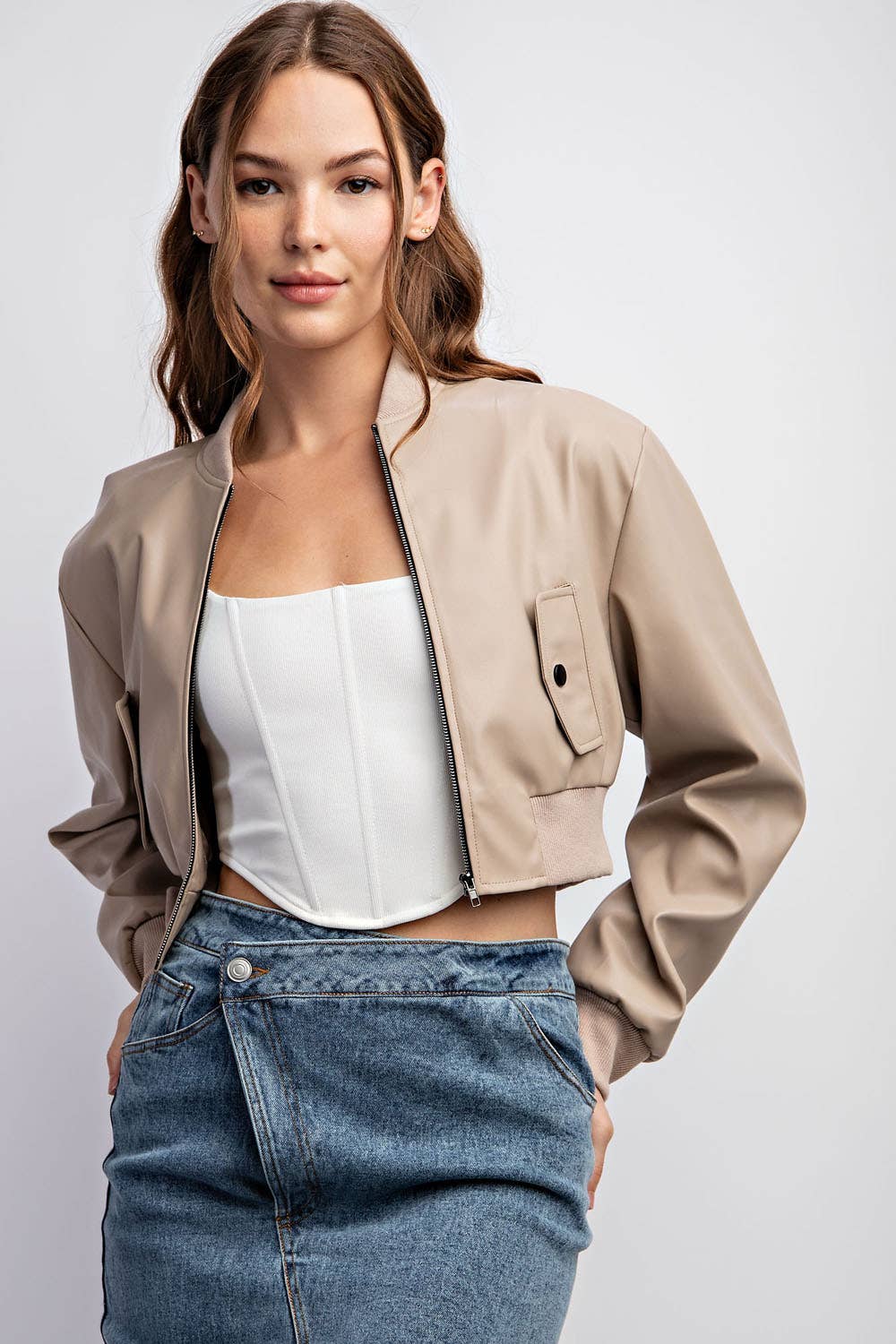 Faux Leather Cropped Bomber- Edit by Nine CJ3236